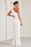 Sylvia White Ruched Asymmetric Maternity Maxi Dress With Wrap-Collar