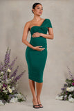 Admired Bottle Green Ruched One-Shoulder Maternity Midi Dress