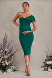 Admired Bottle Green Ruched One-Shoulder Maternity Midi Dress