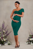 Admired Bottle Green Ruched One-Shoulder Maternity Midi Dress