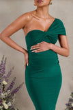 Admired Bottle Green Ruched One-Shoulder Maternity Midi Dress