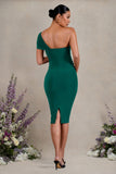 Admired Bottle Green Ruched One-Shoulder Maternity Midi Dress