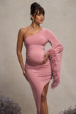 With A Flourish Pink Asymmetric One-Sleeved Maternity Maxi Dress With Feathers