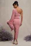 With A Flourish Pink Asymmetric One-Sleeved Maternity Maxi Dress With Feathers