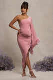 With A Flourish Pink Asymmetric One-Sleeved Maternity Maxi Dress With Feathers