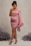 With A Flourish Pink Asymmetric One-Sleeved Maternity Maxi Dress With Feathers