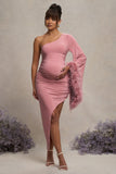 With A Flourish Pink Asymmetric One-Sleeved Maternity Maxi Dress With Feathers