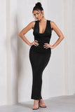 Finely Formed Black Ruched Cowl-Neck Bodycon Maxi Dress