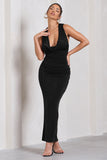 Finely Formed Black Ruched Cowl-Neck Bodycon Maxi Dress