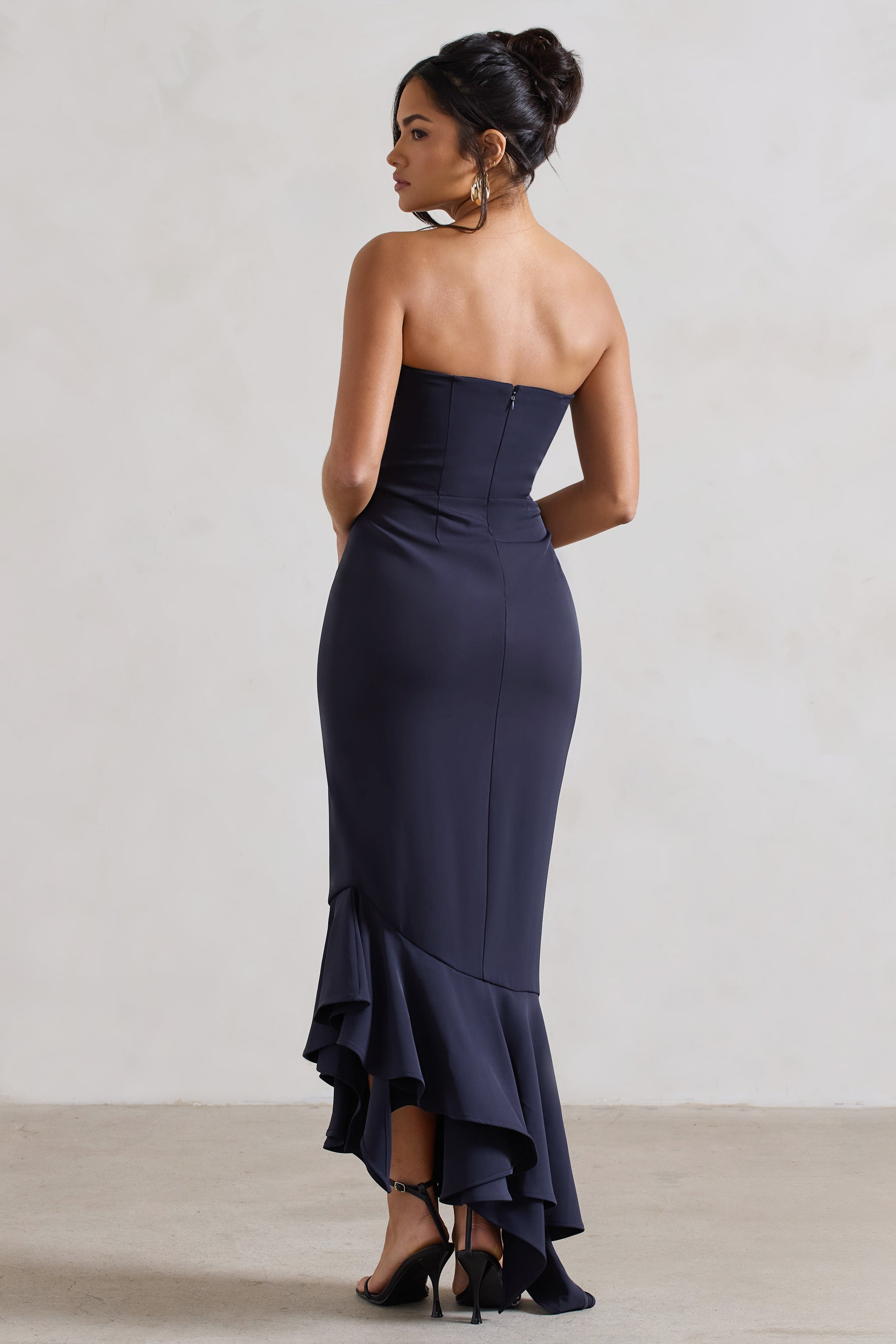 Sandy Navy Strapless Corset Asymmetric Maxi Dress