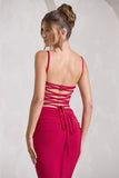 Alora Red Strappy Lace-Up Maxi Dress With Flower Corsage