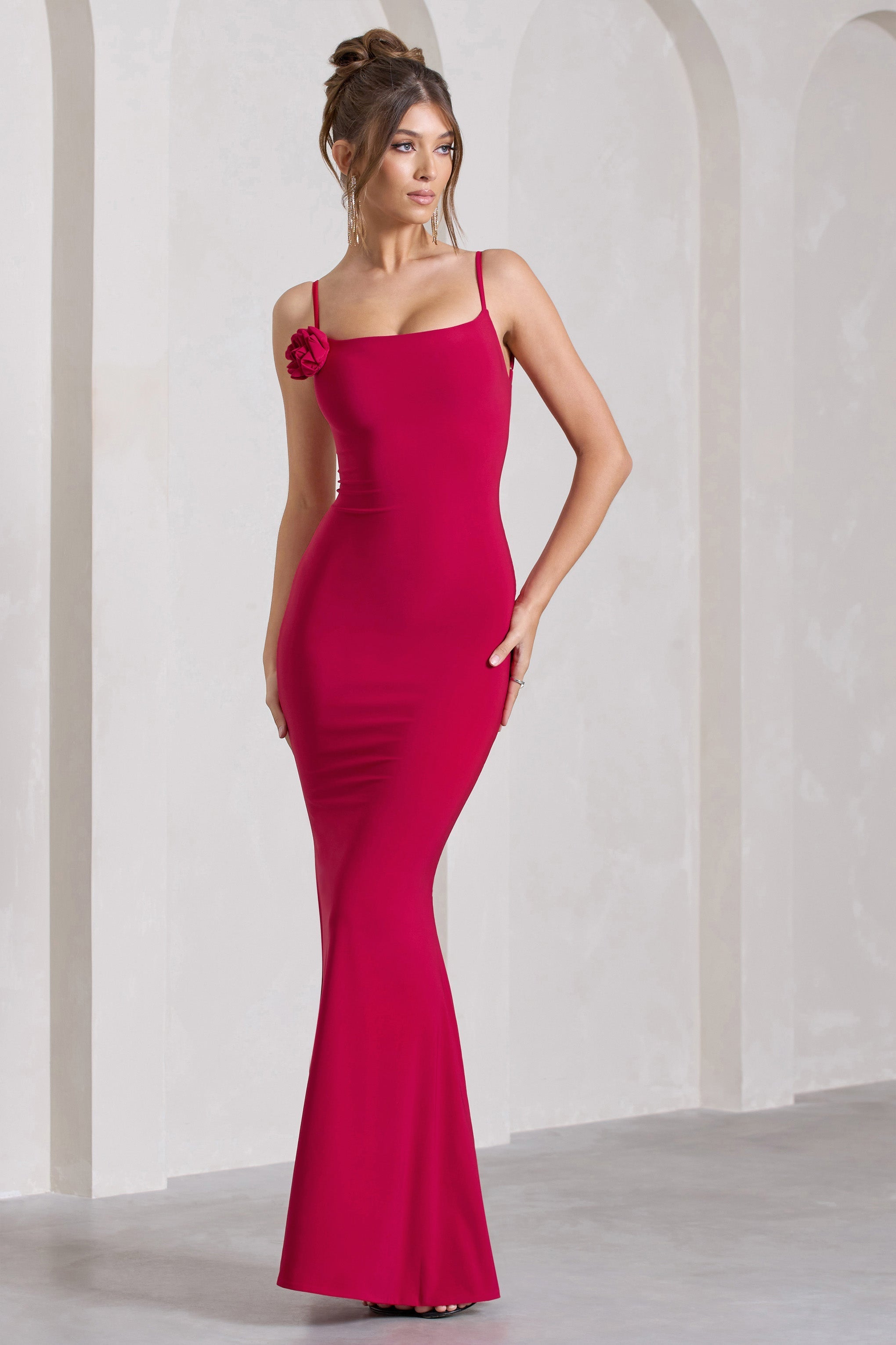 Alora Red Strappy Lace-Up Maxi Dress With Flower Corsage