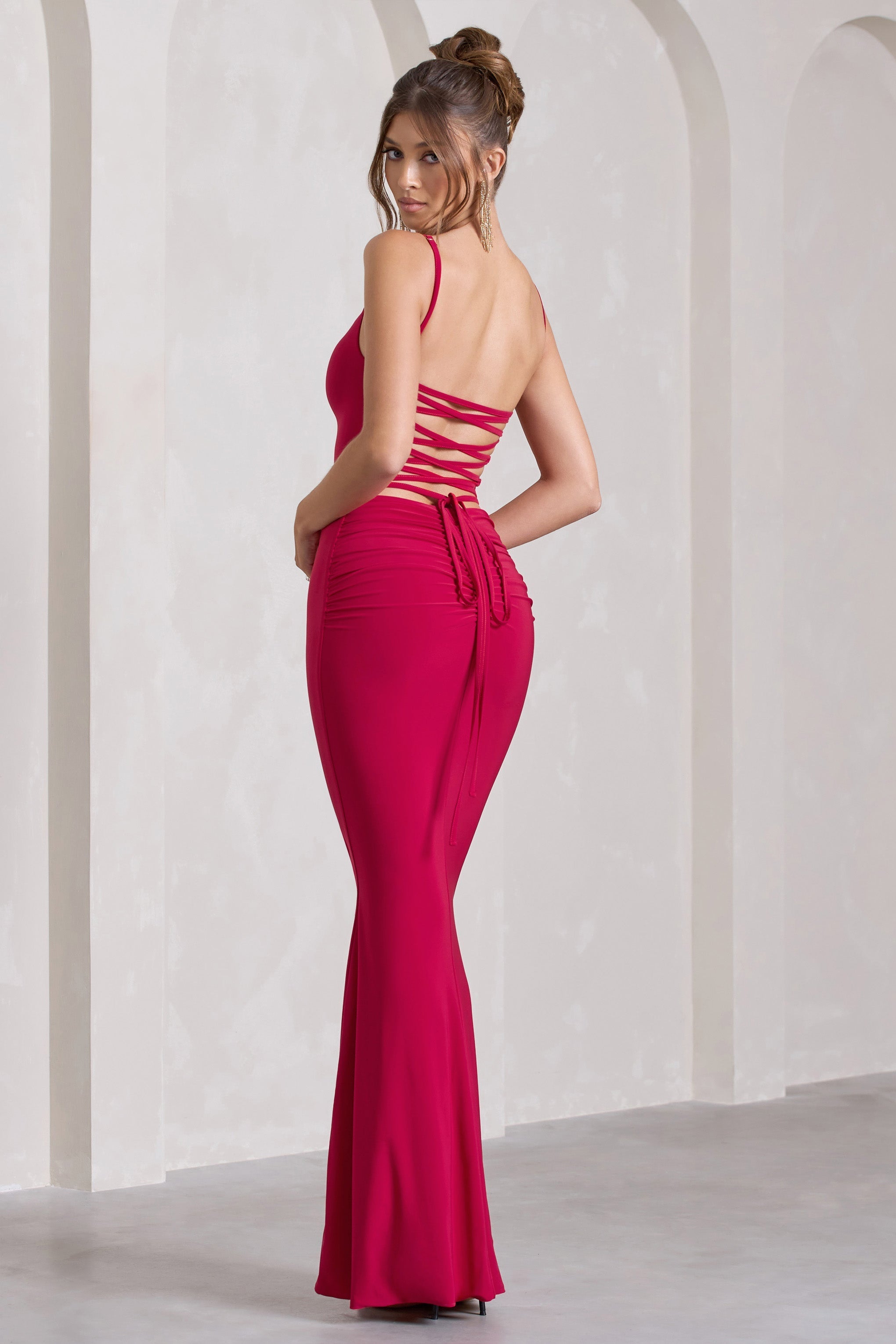 Alora Red Strappy Lace-Up Maxi Dress With Flower Corsage