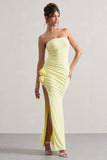 My Muse Yellow Ruched Bandeau Split Maxi Dress With Flowers