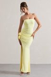 My Muse Yellow Ruched Bandeau Split Maxi Dress With Flowers