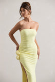 My Muse Yellow Ruched Bandeau Split Maxi Dress With Flowers