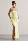 My Muse Yellow Ruched Bandeau Split Maxi Dress With Flowers