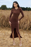 Katy Chocolate Ruched Long-Sleeve Split Maxi Dress