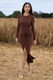 Katy Chocolate Ruched Long-Sleeve Split Maxi Dress