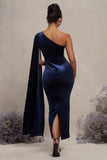 Amaryllis Navy Velvet Maternity One Shoulder Maxi Dress with Cape Sleeve