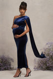 Amaryllis Navy Velvet Maternity One Shoulder Maxi Dress with Cape Sleeve