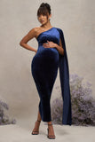 Amaryllis Navy Velvet Maternity One Shoulder Maxi Dress with Cape Sleeve