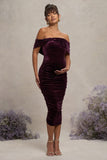 Alyssa Port Velvet Maternity Bardot Bow Maternity Midi Dress with Ruching
