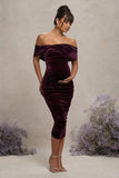 Alyssa Port Velvet Maternity Bardot Bow Maternity Midi Dress with Ruching