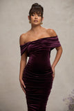 Alyssa Port Velvet Maternity Bardot Bow Maternity Midi Dress with Ruching