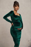 New Life Bottle Green Velvet Maternity Square Neck Ruched Midi Dress