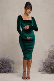 New Life Bottle Green Velvet Maternity Square Neck Ruched Midi Dress