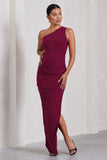Persia Berry One-Shoulder Side Split Ruched Maternity Maxi Dress