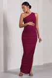 Persia Berry One-Shoulder Side Split Ruched Maternity Maxi Dress