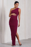 Persia Berry One-Shoulder Side Split Ruched Maternity Maxi Dress