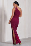 Persia Berry One-Shoulder Side Split Ruched Maternity Maxi Dress