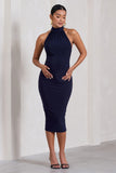 Dora Navy Halter-Neck Open-Back Maternity Midi Dress