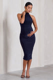 Dora Navy Halter-Neck Open-Back Maternity Midi Dress