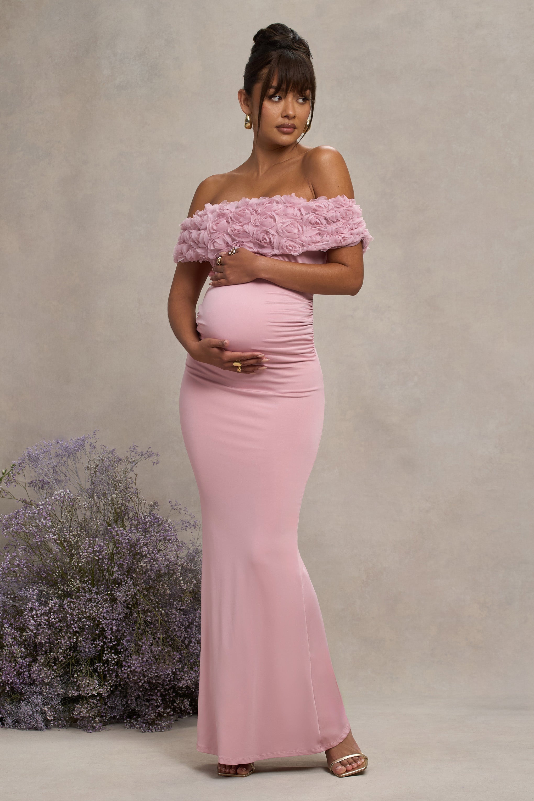 Inflorescence Blush Pink Mesh Floral Bardot Maternity Maxi Dress