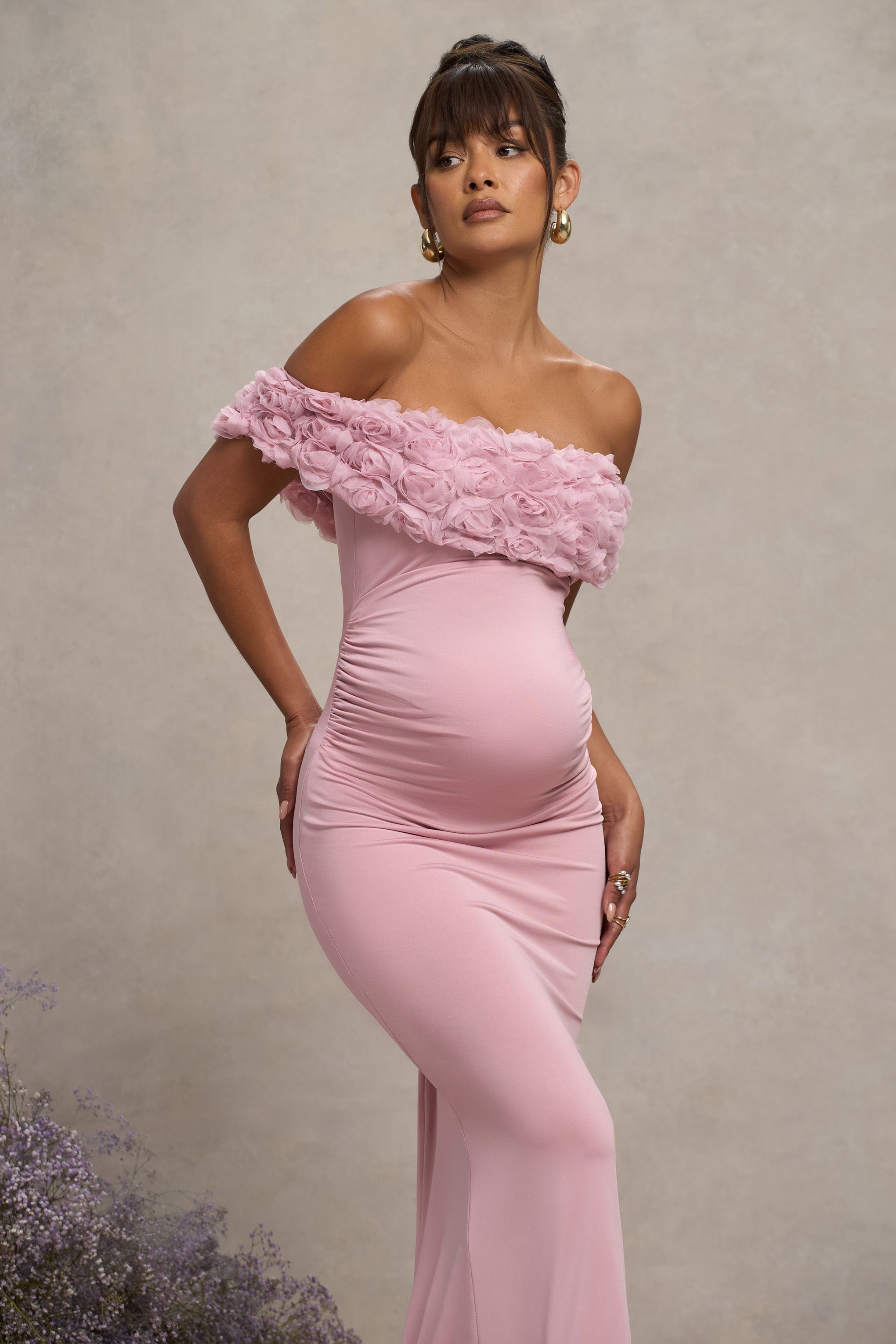 Inflorescence Blush Pink Mesh Floral Bardot Maternity Maxi Dress