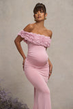 Inflorescence Blush Pink Mesh Floral Bardot Maternity Maxi Dress