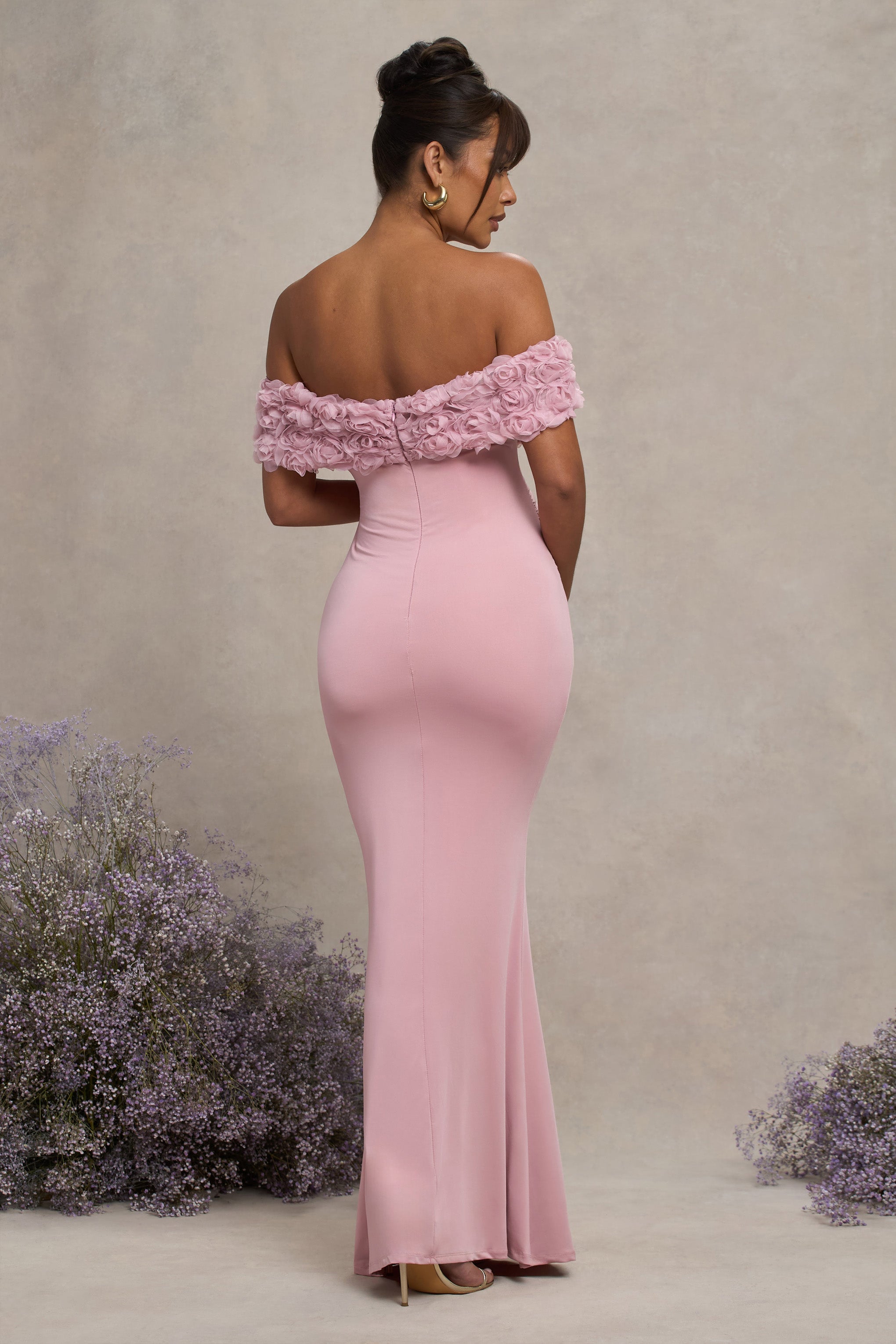 Inflorescence Blush Pink Mesh Floral Bardot Maternity Maxi Dress