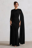 Magdelena Black Asymmetric Cape Maxi Dress