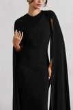 Magdelena Black Asymmetric Cape Maxi Dress