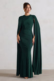 Magdelena Bottle Green Asymmetric Cape Maxi Dress