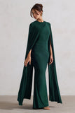 Magdelena Bottle Green Asymmetric Cape Maxi Dress