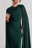 Magdelena Bottle Green Asymmetric Cape Maxi Dress