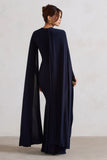 Magdelena Navy Asymmetric Cape Maxi Dress
