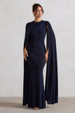 Magdelena Navy Asymmetric Cape Maxi Dress