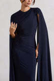 Magdelena Navy Asymmetric Cape Maxi Dress