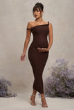 Salome Chocolate Brown Twisted Asymmetric Maternity Midi Dress